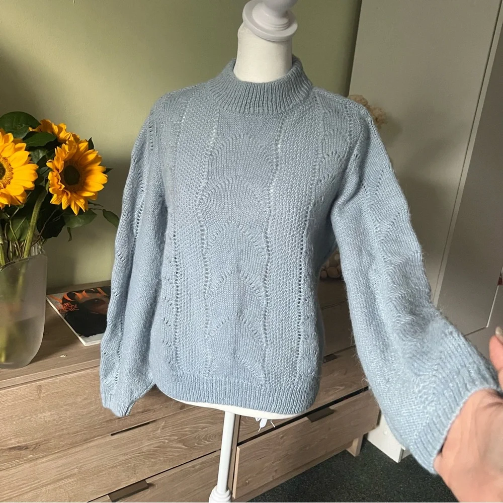 H&M Baby Blue Pastel Mockneck Baggy Sleeve Hole Knit Acrylic Mohair Wool Sweater